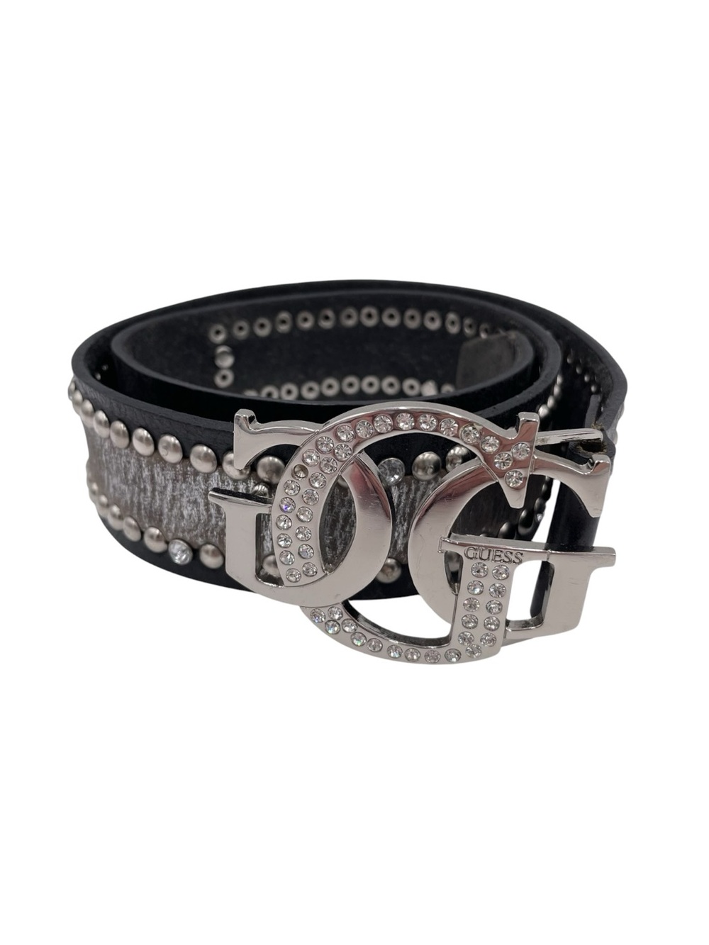 Y2K Guess Silver Embossed Studded Rhinestone Belt Blingy Black Leather 36.5"